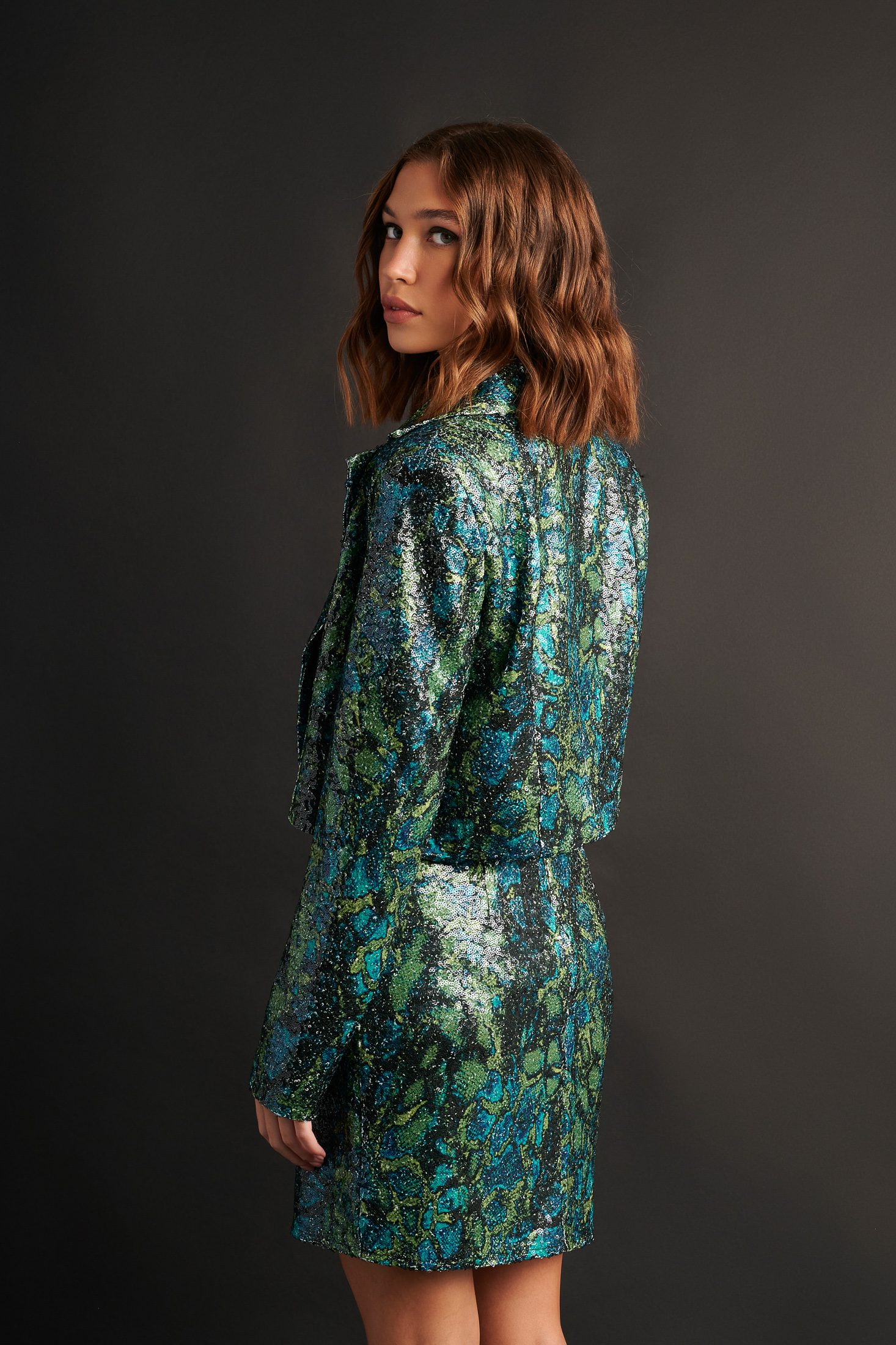 Σακάκι και φούστα παγιέτα snake print